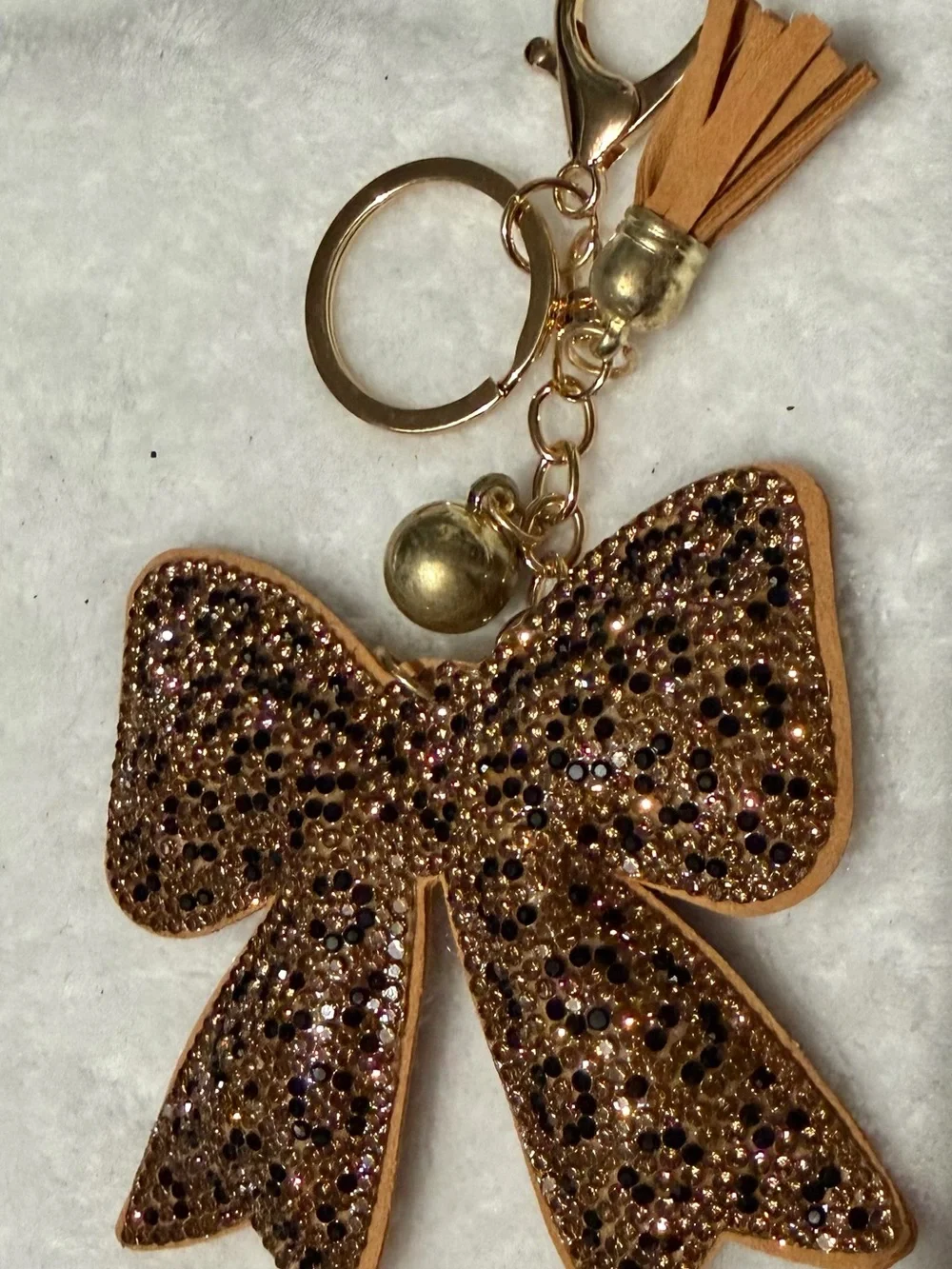 Gold Cheetah Rhinestone Bow Keychain with Tassel